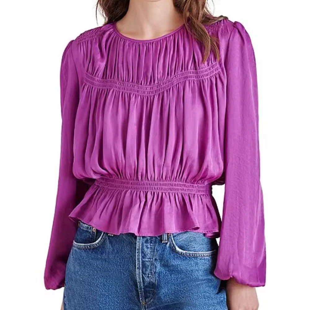 Steve Madden Pyper Satin Crew Neck Long Sleeve Ruffle‎ Hem Blouse Purple XS NWT